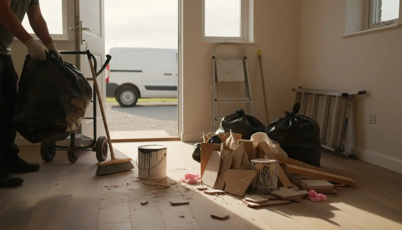 Byggeaffald og sække bæres ud gennem en åben dør efter en mindre renovering.
