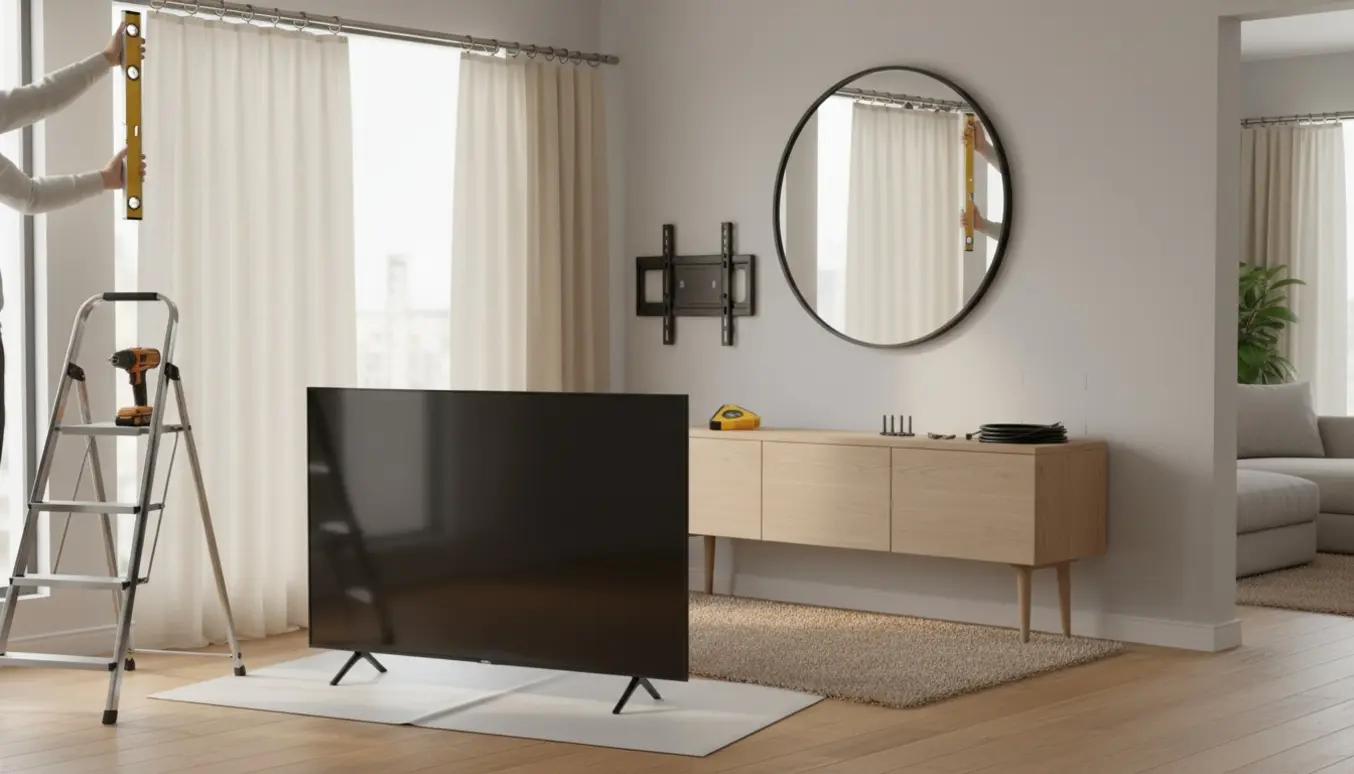 Moderne lejlighed med gardiner under opsætning, et TV og et spejl ved at blive monteret.