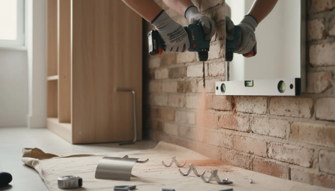 Hænder monterer spejl og toiletholder på en fuldmuret væg med boremaskine og værktøj.