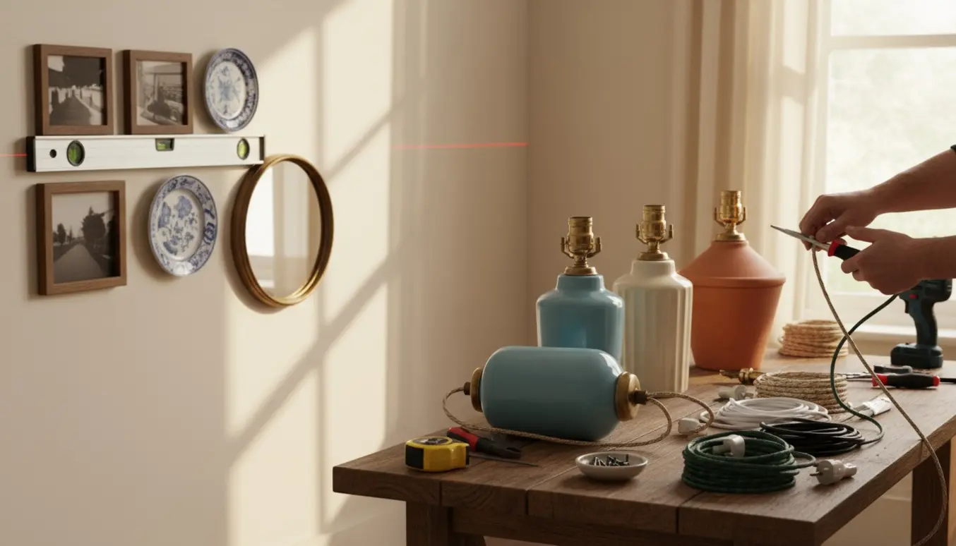 Hænder hænger små billeder og udskifter ledninger på flere bordlamper ved et solbeskinnet arbejdsbord.