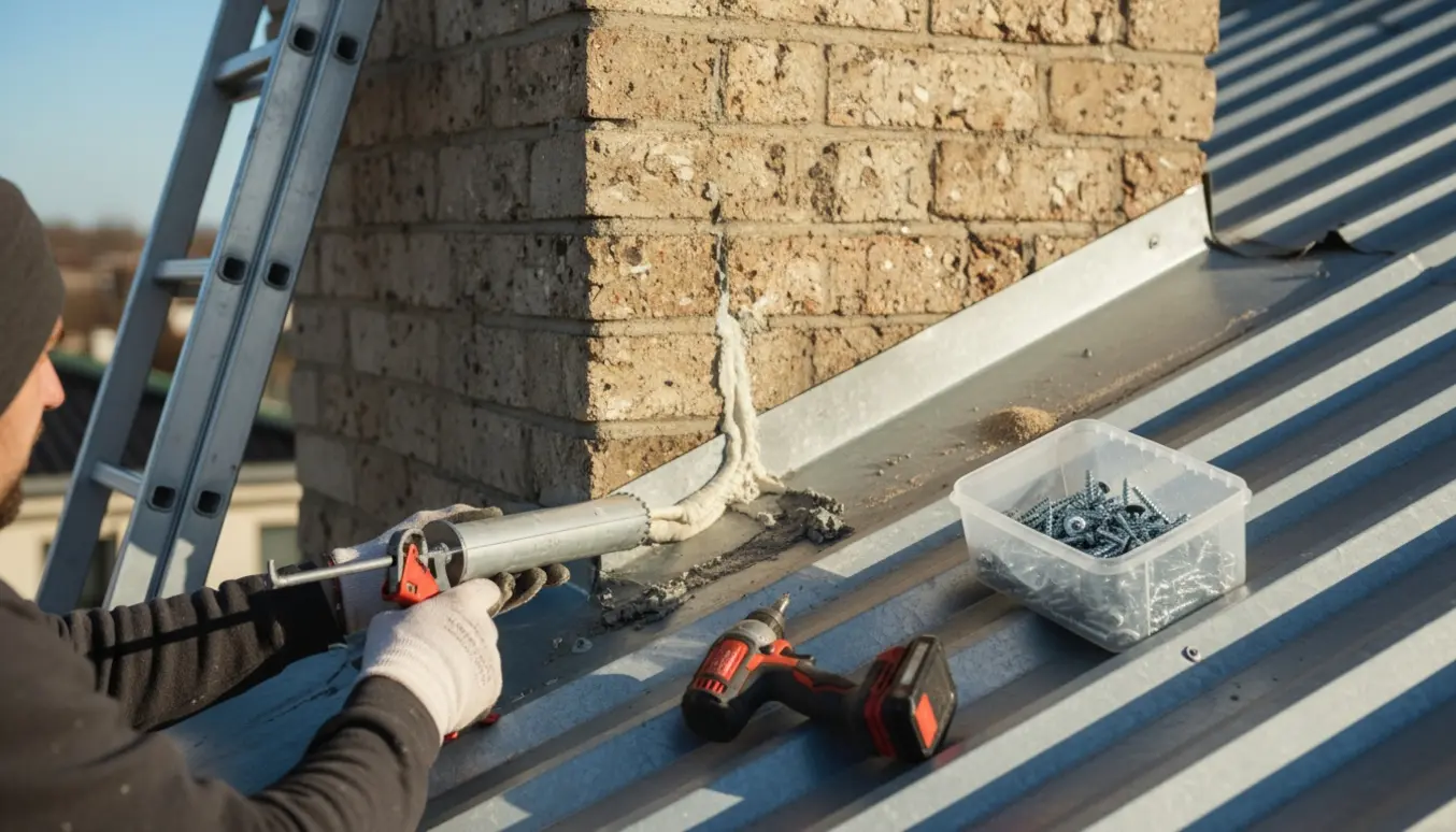 Hænder på en håndværker på stige, der fjerner gammel fuge og påfører ny fuge mellem tag og mur med nye skruer og en boremaskine ved siden af.