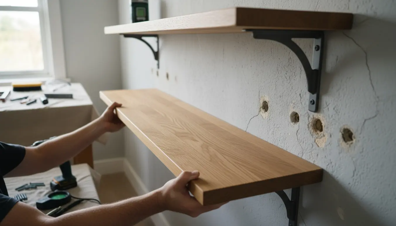 Hænder monterer kraftige beslag til to tunge træhylder på en porøs væg med værktøj ved siden af.