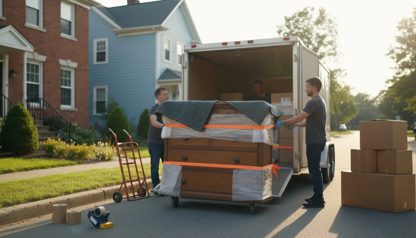 Reoler og kommoder læsses på en åben flyttetrailer mellem et rækkehus og et parcelhus, personer set bagfra.