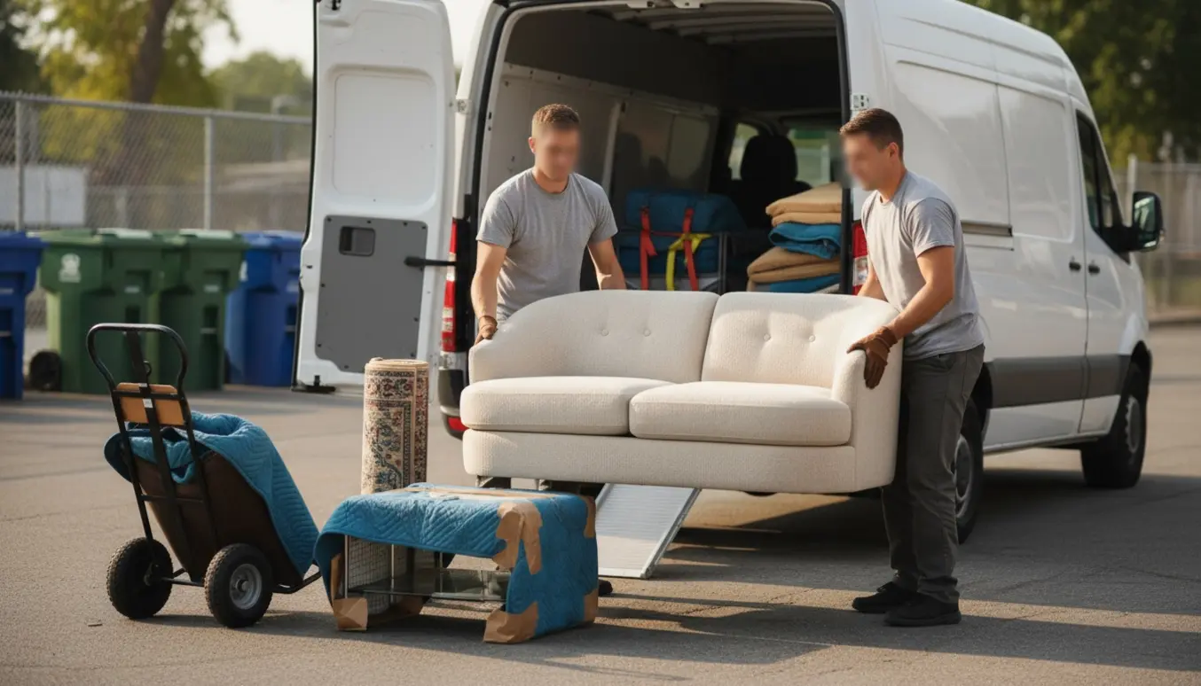 To personer læsser en halvrund sofa, et beskyttet glasbord og et sammenrullet tæppe ind i en varevogn på indkørslen ved et parcelhus.