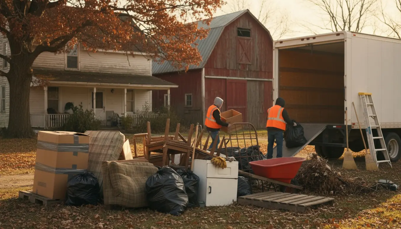 To hjælpere rydder et hus og udendørsareal om efteråret med sække, møbler og en varevogn i baggrunden.