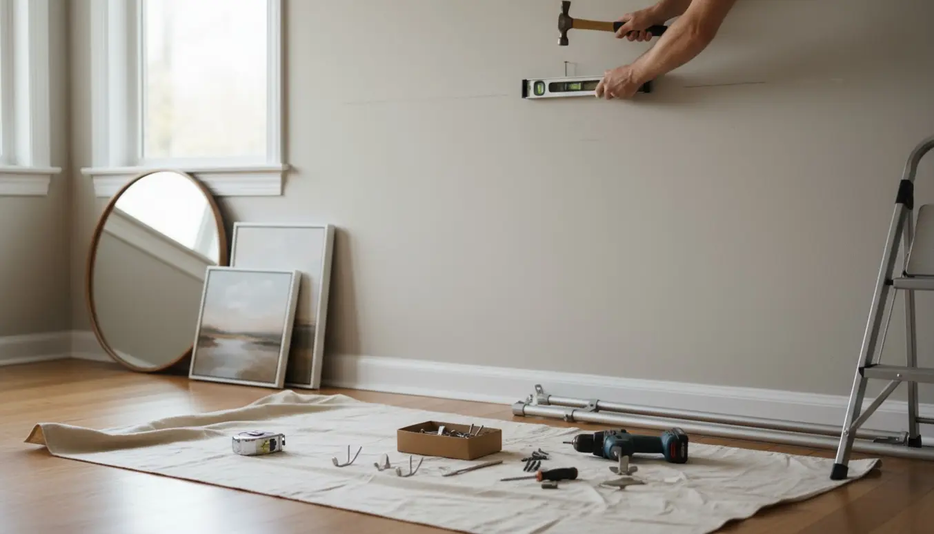 Hænder sætter søm i en væg til malerier og et spejl med værktøj og en afmonteret gardinstang ved siden af.