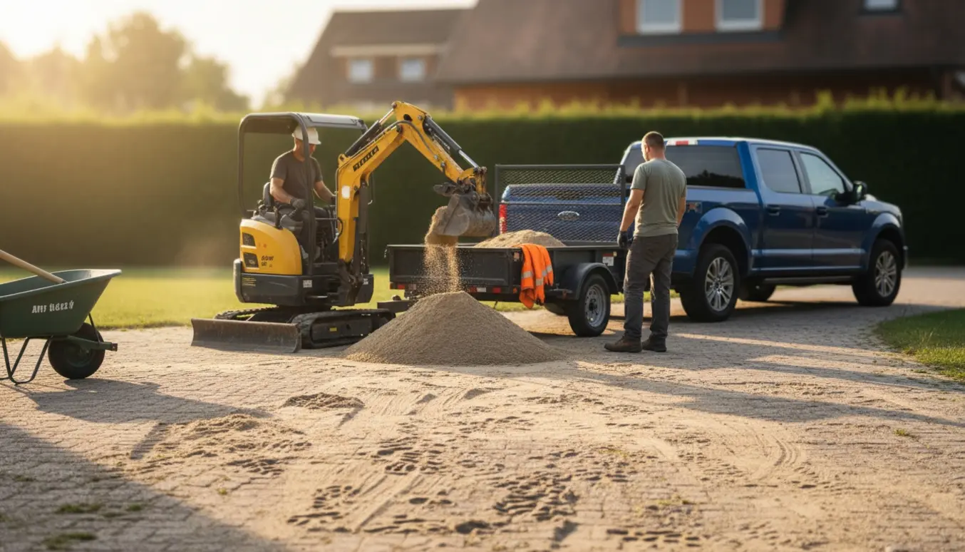 Mini-graver læsser en sandbunke i en trailer i en baghave ved bortkørsel af sand.