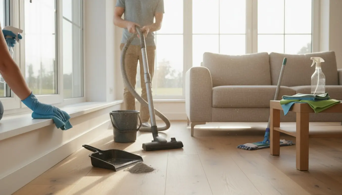 Soloplyst stue hvor hænder pudser vinduesramme, støvsuger sofa og vasker trægulv.