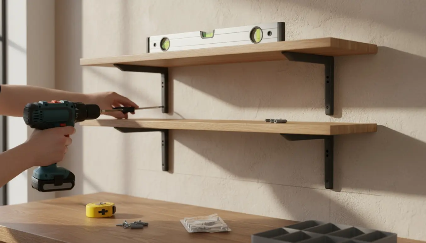 To træhylder monteres på en væg med værktøj på et bord og en tom skruemballage i nærheden.