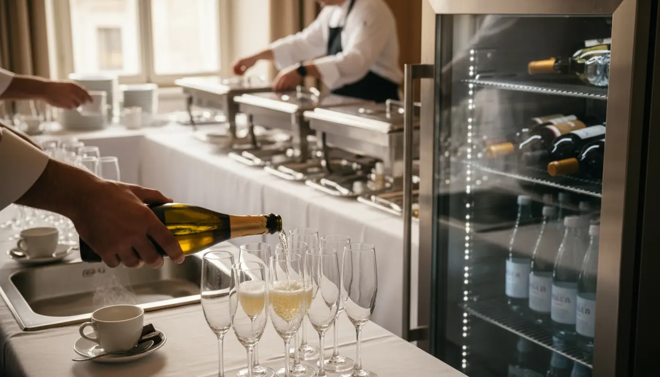 Hænder skænker velkomstdrinks, fylder køleskab og forbereder kaffe, buffet og opvask til en konfirmation.