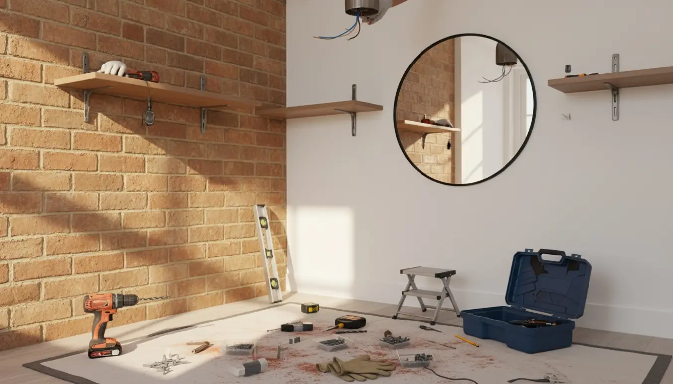 Hænder monterer to svævehylder i murstens- og gipsvæg med værktøj og lampe i nærheden.