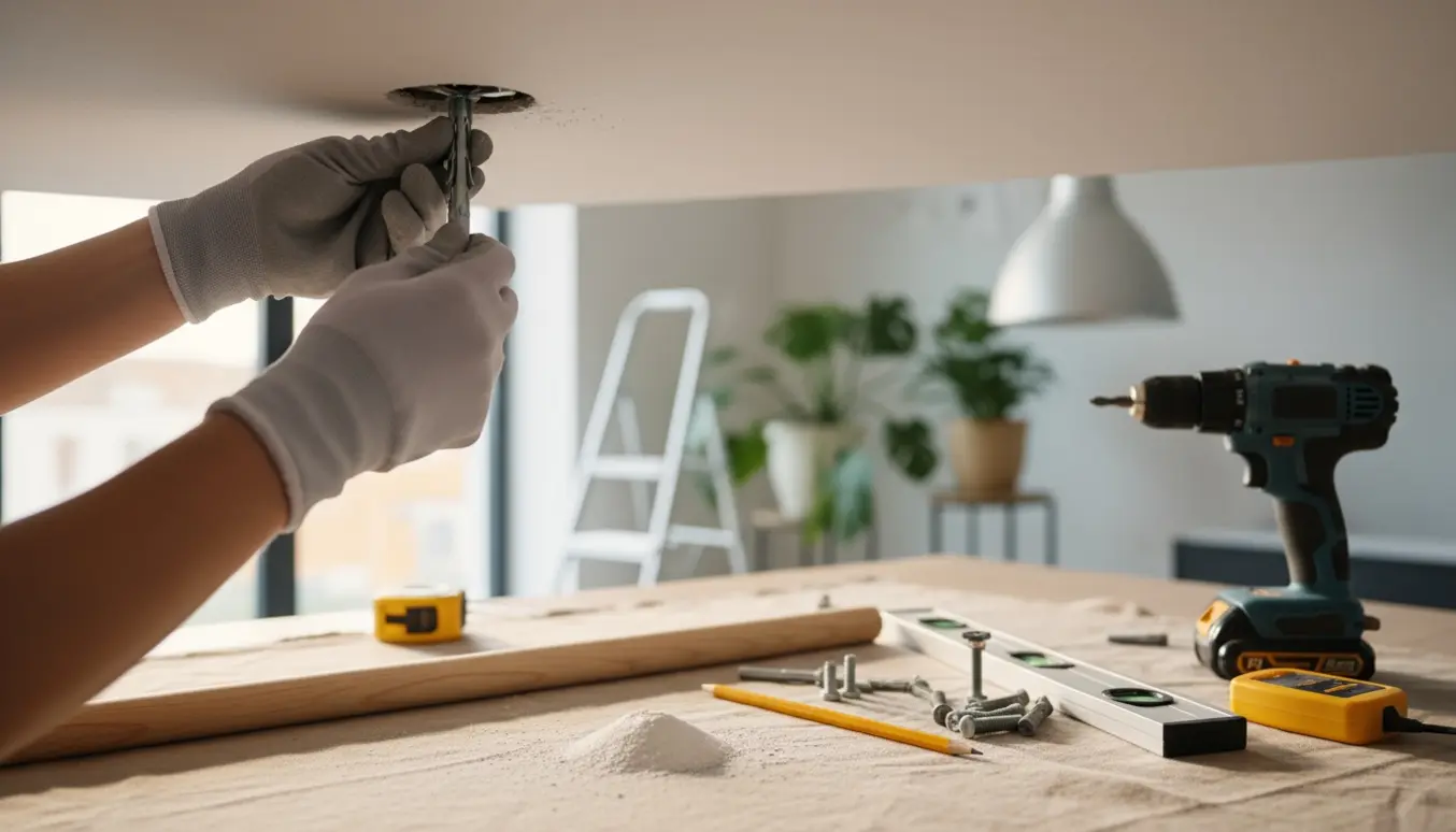 Hænder monterer et hulanker i et gipsloft for at hænge en træstang til planter og lamper.