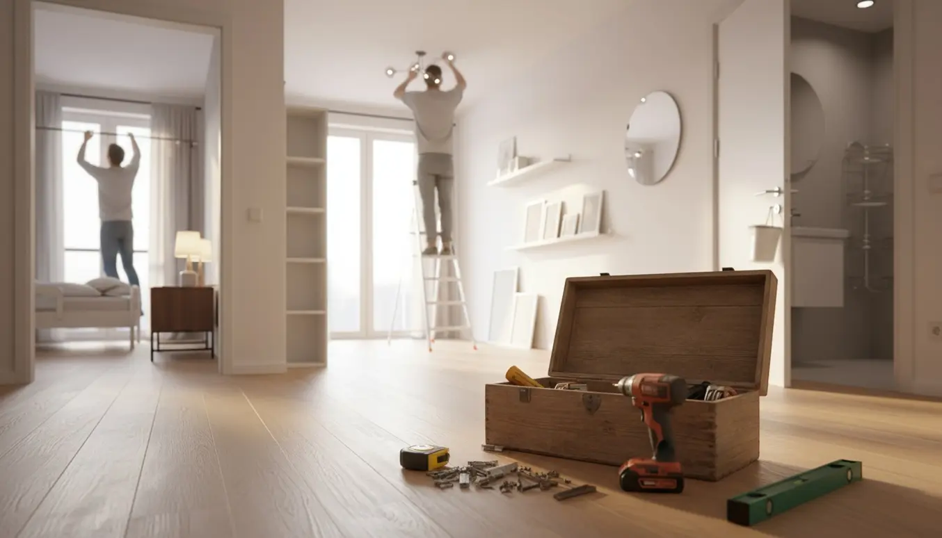 Håndværker på stige monterer lysekrone og hylder i en lys treværelses lejlighed med værktøj i forgrunden.