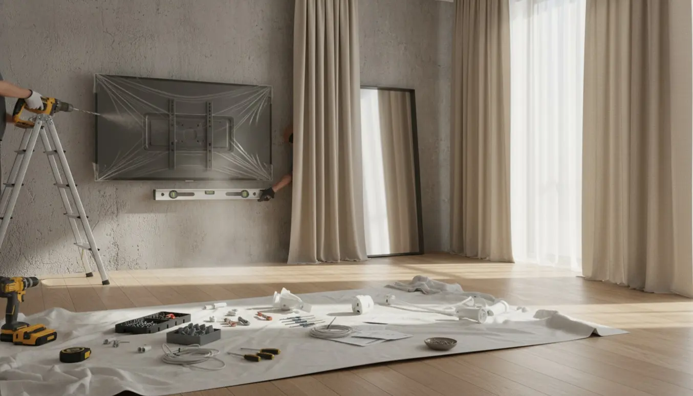 Installering af gardiner, lamper, et vægmonteret fjernsyn og spejl på en betonvæg med værktøj og stige i forgrunden.