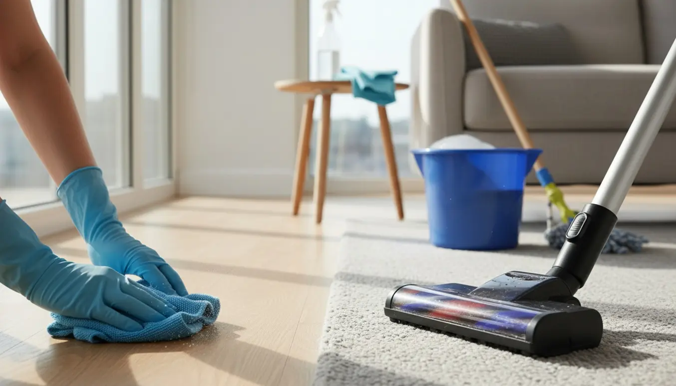 Hænder tørrer en fodliste af i en solfyldt stue med støvsuger, moppe og rengøringsmidler i baggrunden.