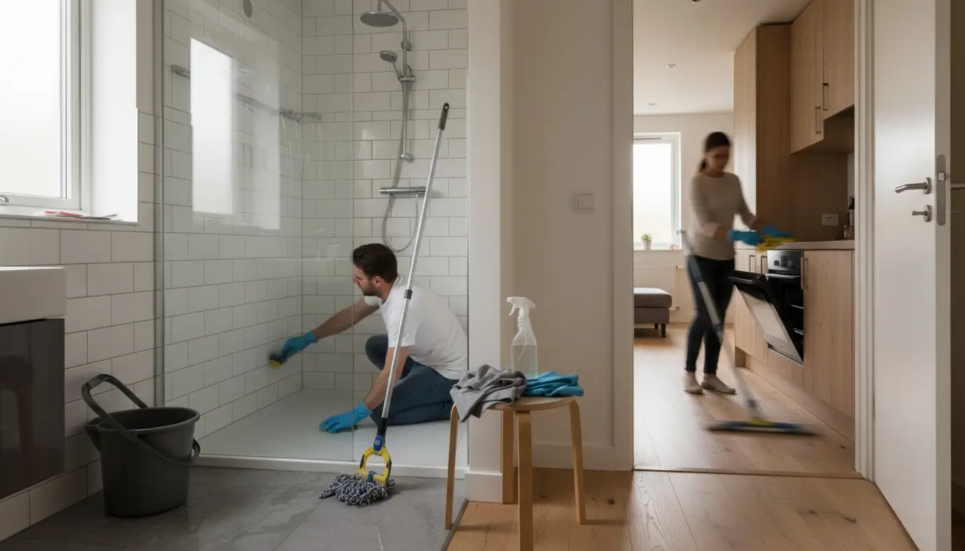 Rengøringsscene med handsker, moppe, klud og rengøringsmidler i badeværelse og stue/soveværelse i dagslys.