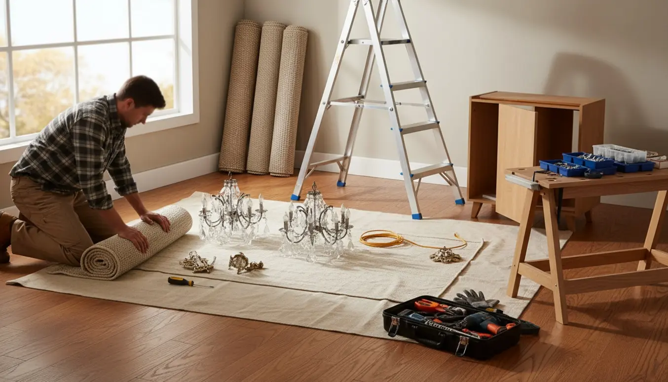 Håndværker ruller tæpper sammen og fjerner lamper i en lys stue med stige og værktøj.