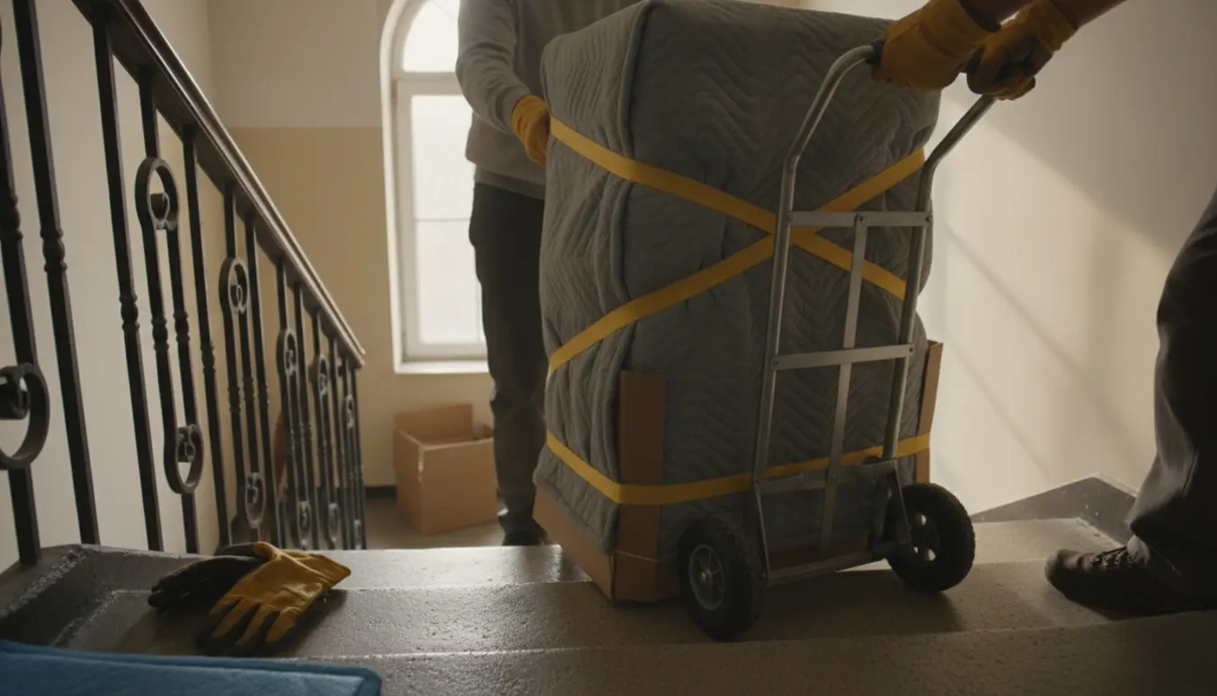 En lille opvaskemaskine pakket i flyttetæpper bæres ned ad en lejlighedstrappe, uden synlige ansigter.
