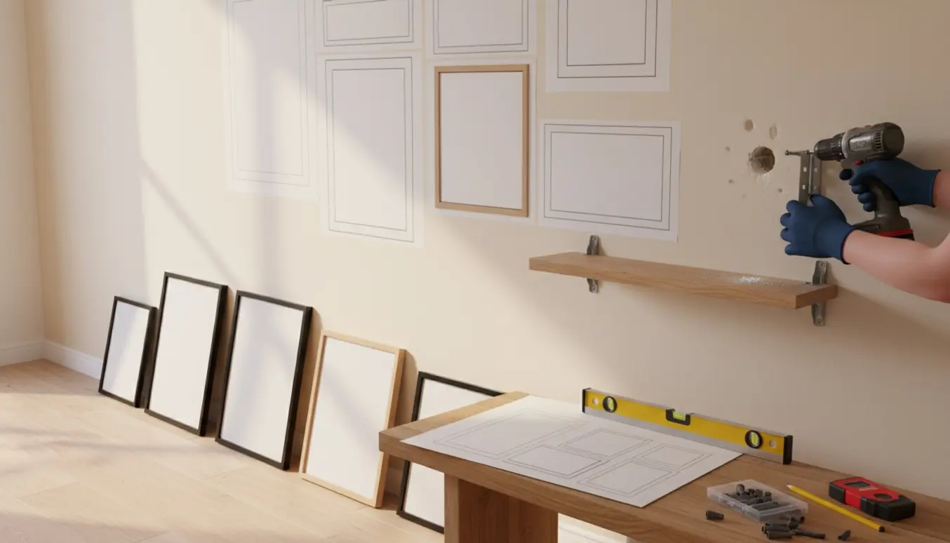 Nærbillede af hænder, der monterer to hylder med plugs og værktøj i en lys gang.