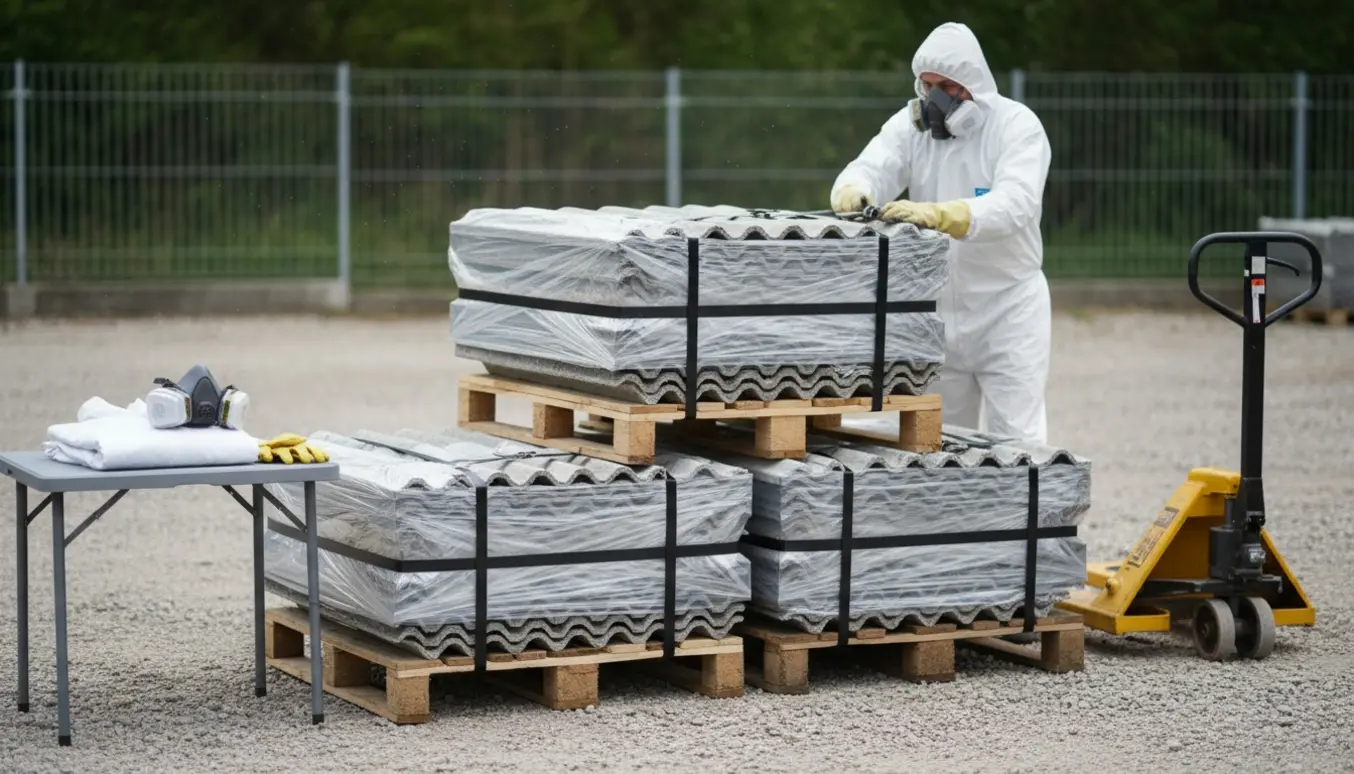 Tre paller med nedtaget asbesttag pakket ind i plast på en byggeplads.