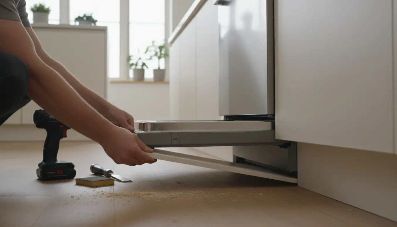 Hænder monterer en ny sokkelbræmme under køkkenbordet, så opvaskemaskinen kan skubbes ind.