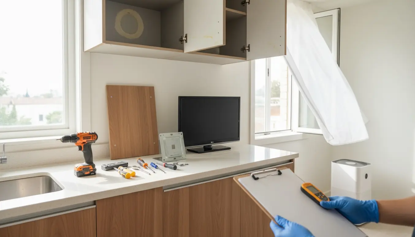 Tekniker inspicerer køkken efter vandskade med fjernet loft-TV, åbne skabe og måleudstyr.