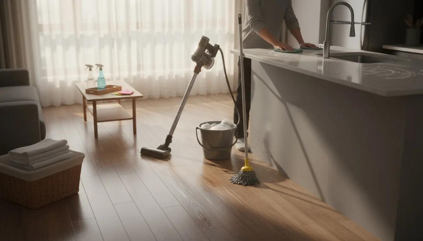 Rengøring i en lys, mellemstor lejlighed med støvsuger, moppe og rengøringsudstyr.