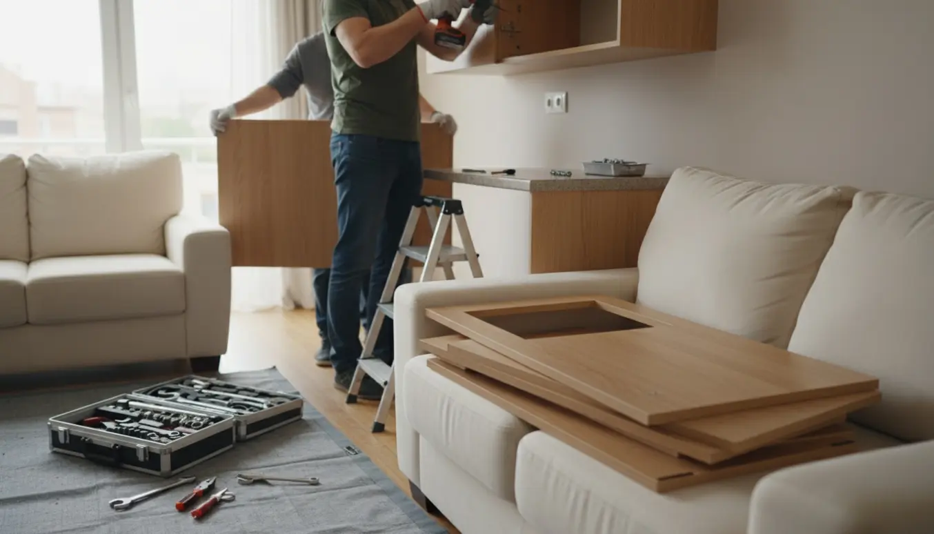 Hænder bruger en skruemaskine til at demontere et overskab, mens træpaneler og hængsler er stablet i stuen.