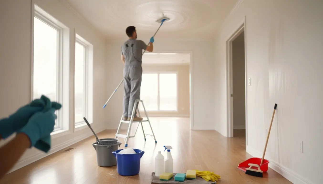 Et tomt hus, hvor rengøringsfolk vasker vægge og lofter med spand, moppe og stige.