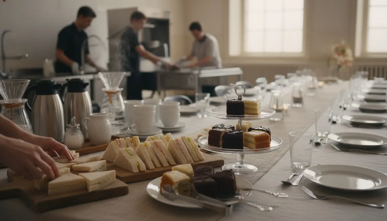 Borde dækket til reception efter bisættelse med kaffe, fade med sandwich og kage og hænder, der anretter og vasker op.
