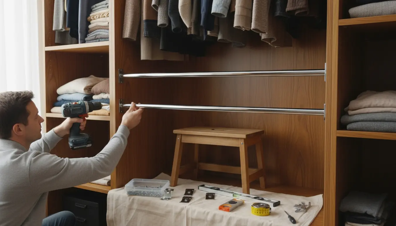 Håndværker monterer to bøjlestænger i et indbygget skab med værktøj og skruer ved siden af.