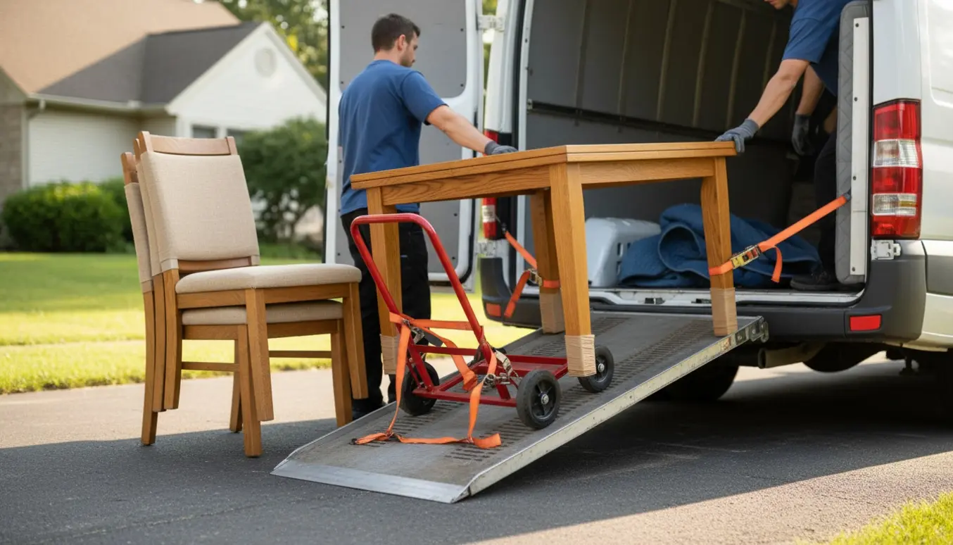 Et bord og fire stole bliver læsset i en varevogn på en opkørsel.