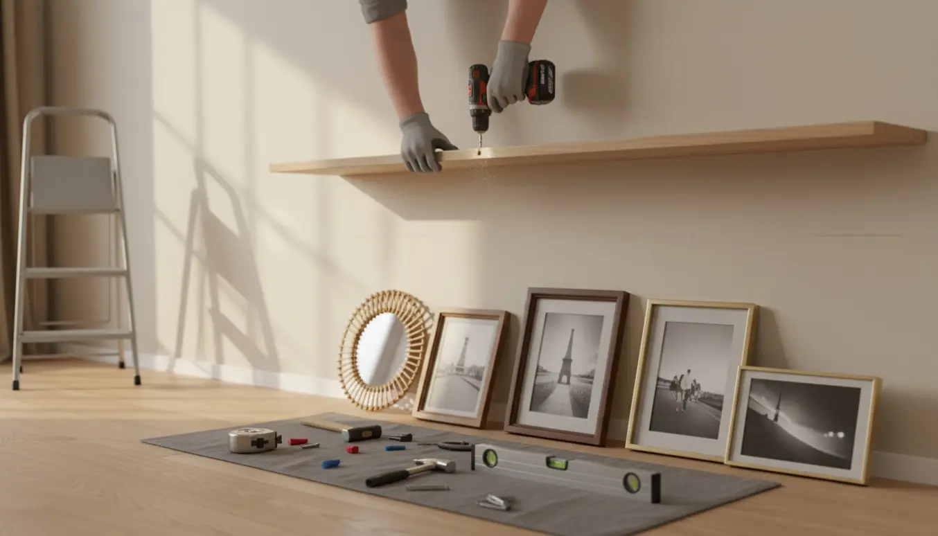 Hænder fæstner en træhylde på en væg med seks billeder og to spejle klar til ophæng.