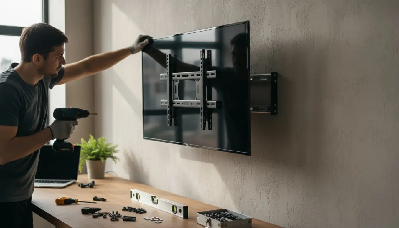 Installatør monterer nyt fladskærm på monteringsskinne i et lyst kontorlokale, ansigt ikke synligt.