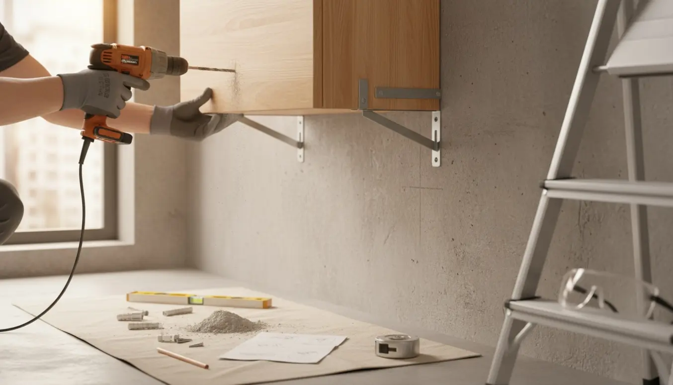 Nærbillede af hænder, der borer i en betonvæg for at montere et væghængt skoskab.