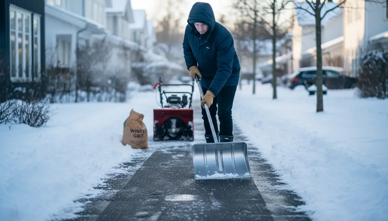 Fortov i et boligområde ryddet for sne med sneskovl og snerydningsmaskine.