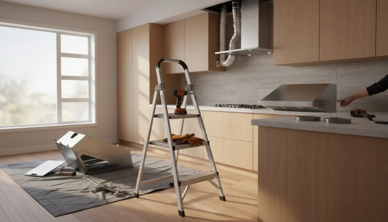 Ny kompakt emhætte klar til montering i køkken, mens den store gamle emhætte ligger adskilt på et beskyttende tæppe.