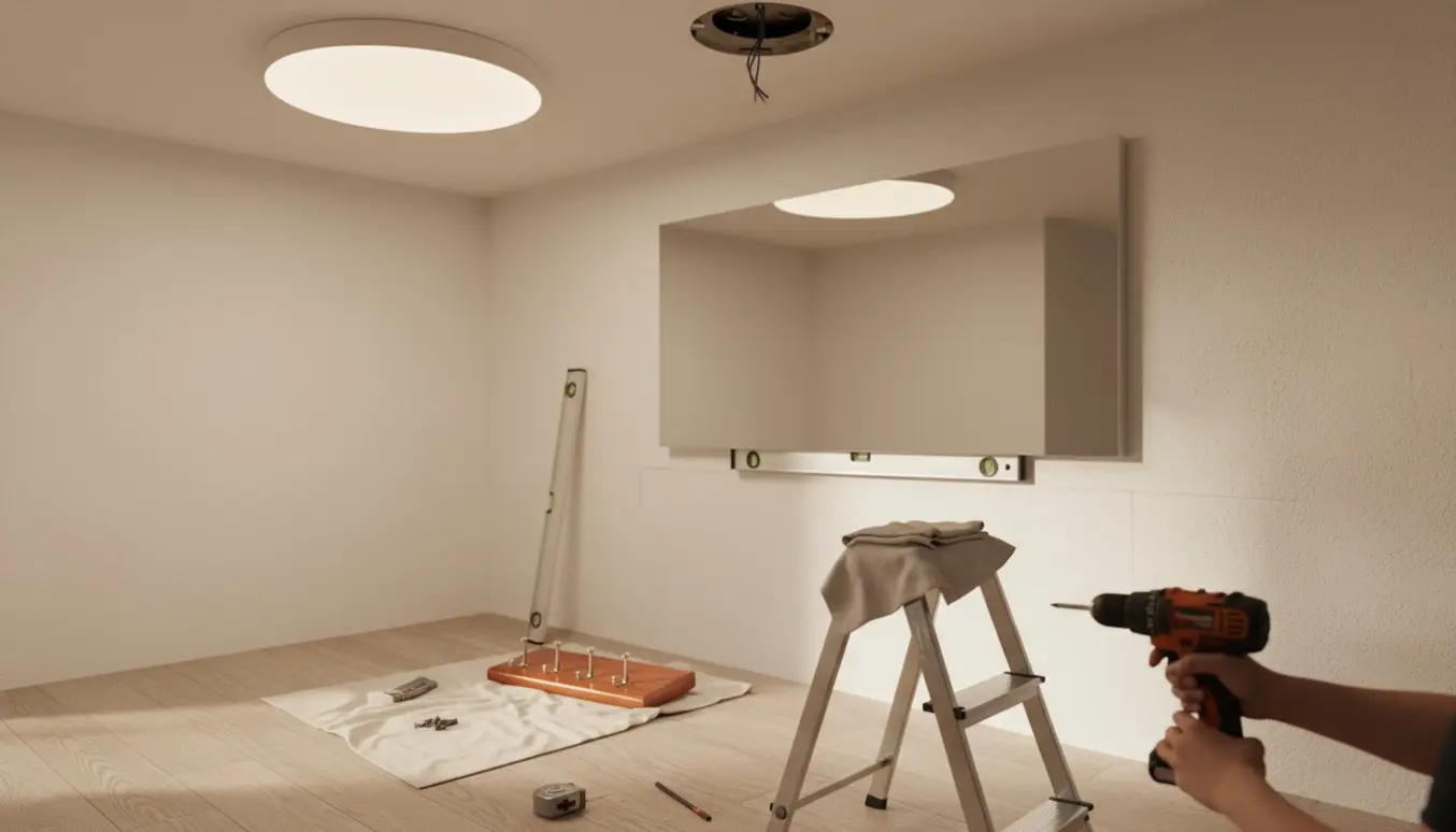 Nærbillede af installation af to 33 cm loftplafonder, et vægspejl og en medaljeholder med værktøj i en lys gang.