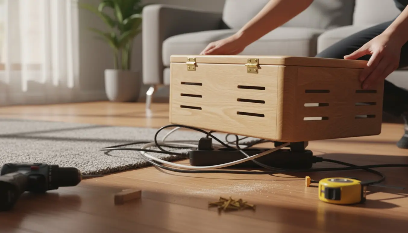 En trækasse placeres over et rodet bundt kabler og stik i en stue med værktøj ved siden af.