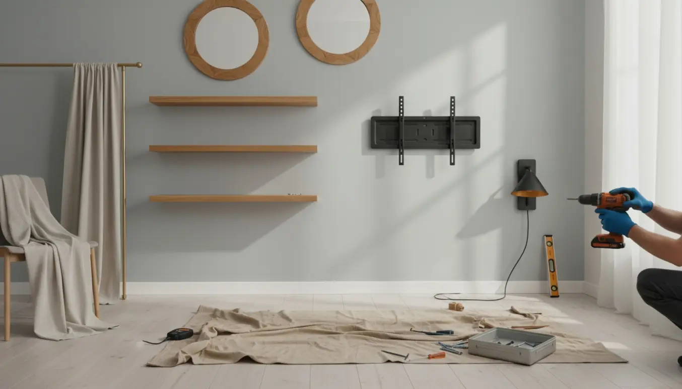 Hænder monterer en væglampe ved siden af spejle, tre hylder, et TV-beslag og et gardin i en lys stue.