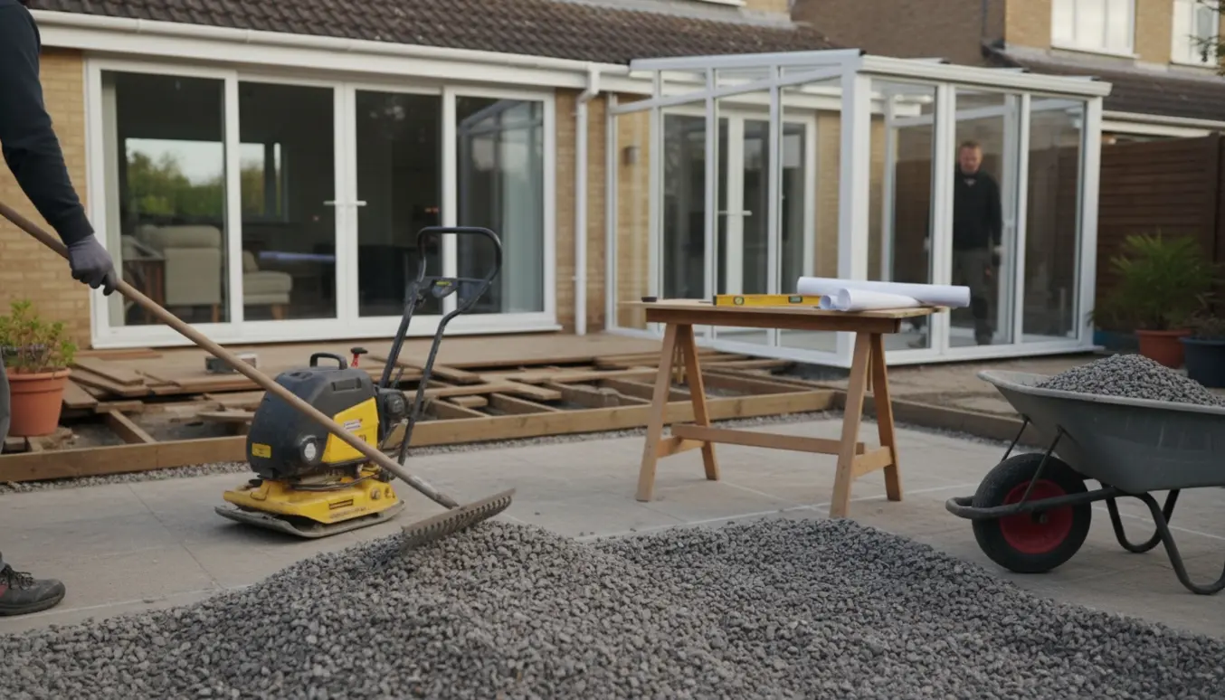 Delvist nedrevet terrasse og stabilgrus klar til opbygning af en vinterstue.