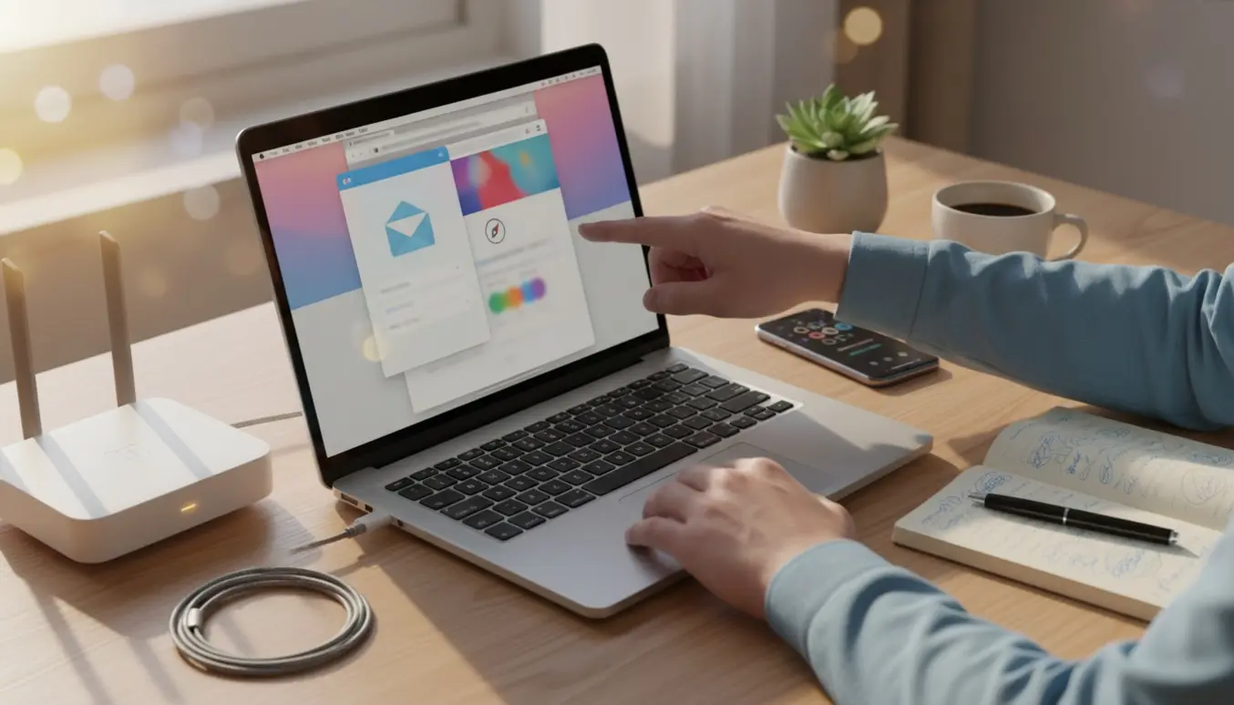 Åben MacBook på et lyst skrivebord med hænder, der peger på en mailopsætningsskærm og en telefon og router ved siden af.