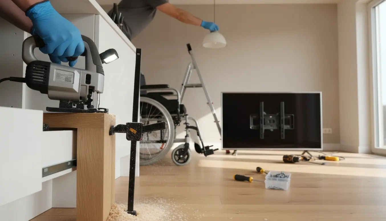 En kørestol ved et køkken, hvor handskerede hænder saver et skabsben, mens et 55-tommer fladskærm og en loftlampe ligger klar til montering.