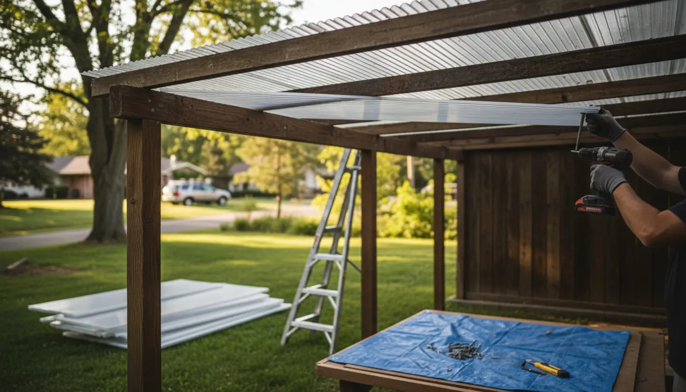 Nærbillede af fjernelse af 16 mm termoplader fra en carport med handske-klædte hænder og skruemaskine.