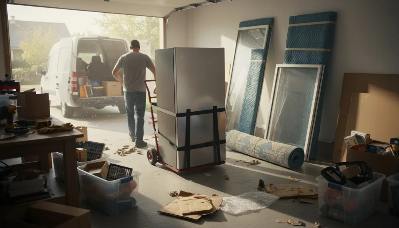 Åben garage under tømning med køleskab, sammenrullet tæppe og udskiftningsvinduer klar til afhentning.