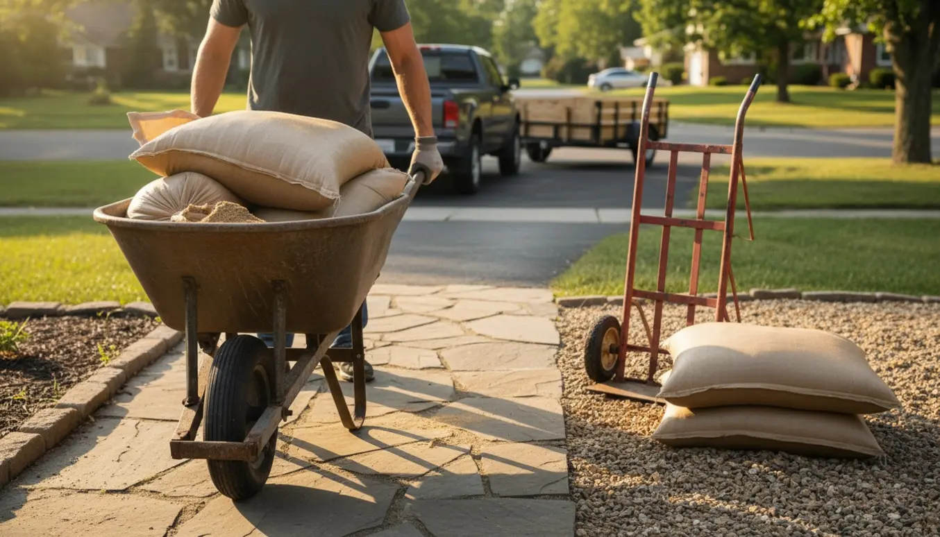 Trillebør fyldt med sække sand på en havegang på vej mod en trailer ved vejkanten.