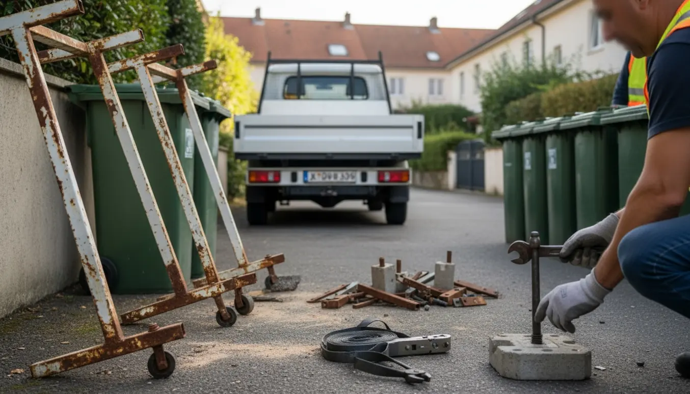 Borttagning af en privat renovationsplads med to affaldsstativer, arbejdshænder læsser stativer i en varebil.
