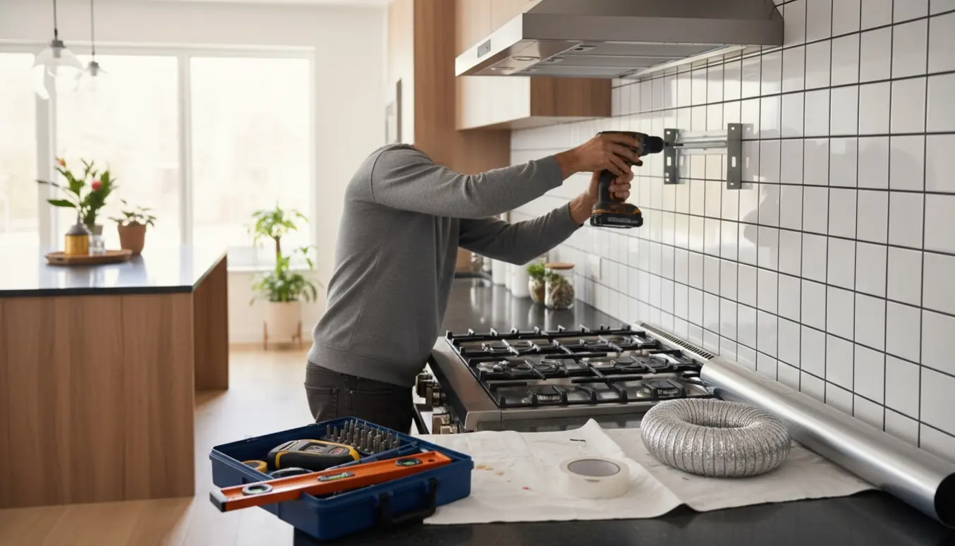 Montering af en ny væghængt emhætte i et køkken med værktøj og rørføring.
