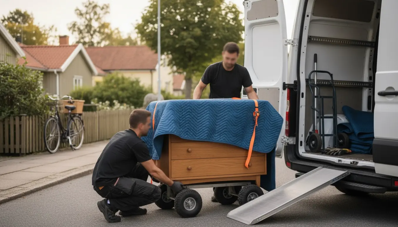 To flyttefolk læsser en kommode ind i en hvid varevogn på en stille forstadsgade.