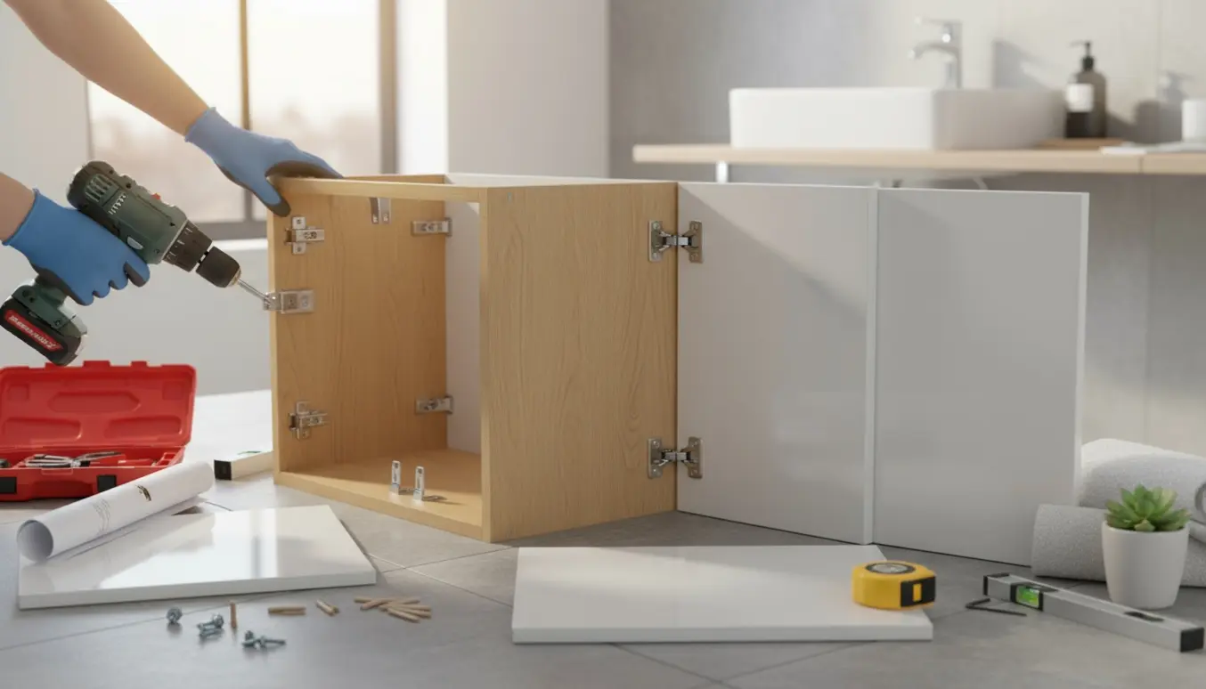 Nærbillede af hænder, der samler et væghængt badeværelsesskab med værktøj spredt på flisegulvet.